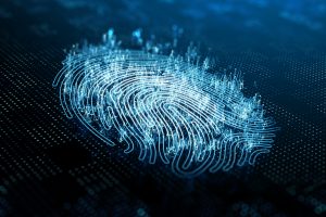 A computer identify and measuring the fingerprint on the digital surface. 3d illustration.