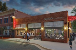The design of Bosscat Kitchen & Libations will pay homage to the auto repair shop and the liquor store that occupied the building over the course of a century. Rendering courtesy of AO Architects.