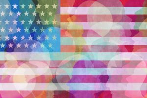 United States race diversity or ethnicity and people concept on an american flag background in a 3D illustration style.