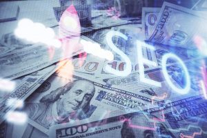 Double exposure of seo drawing over us dollars bill background. Concept of search optimization.