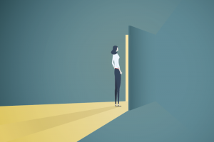 Businesswoman opening door vector concept. Symbol of new career, opportunities, business ventures and challenges.