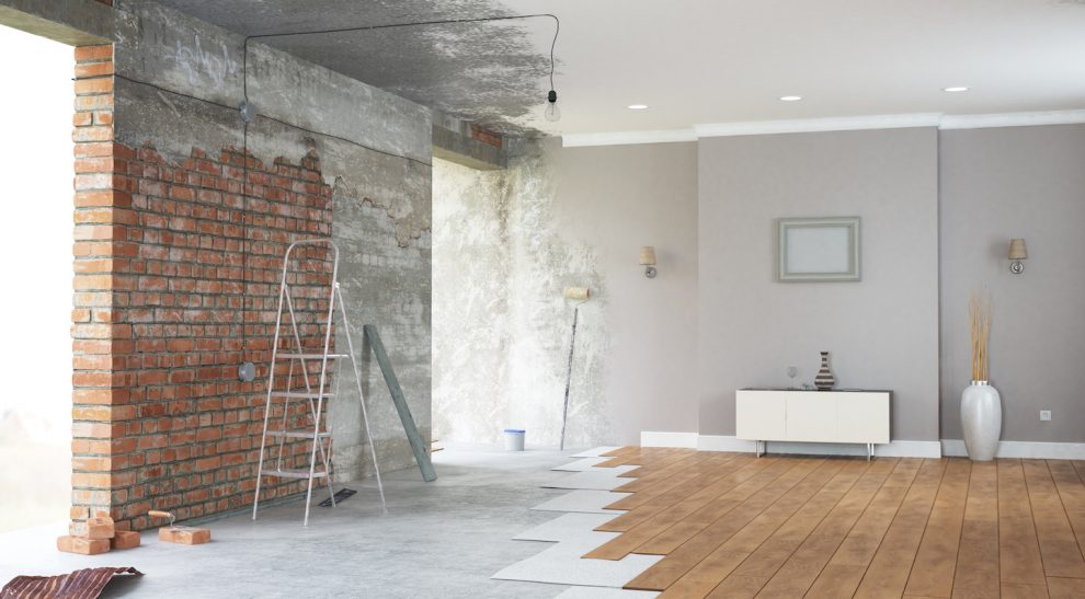 Renovation interior with bright windows. 3D render