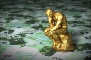 Golden Sculpture Of A Thinker Who Thinks Over Euro Banknotes. 3D Illustration.