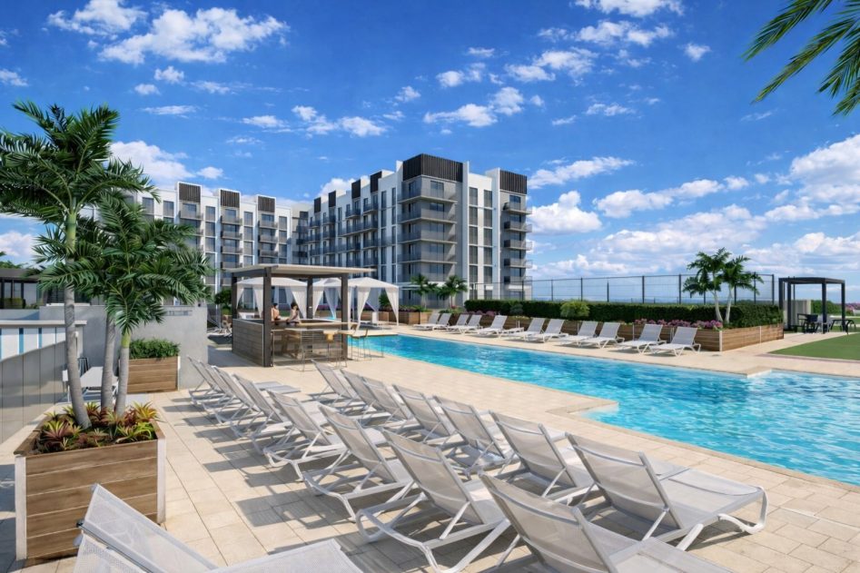 Illustration of High Rise Luxury Apartment Complex With Recreation
